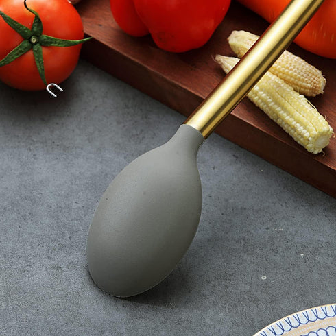 Berglander Gold Cooking Spoon, Non-stick Silicone Basting Spoon with Titanium Gold Plating Handle, Dishwasher Safe