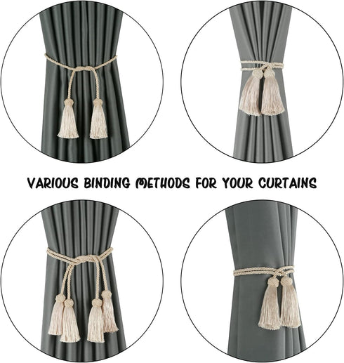 BEL AVENIR 4 Pack Handmade Curtain Tiebacks with Tassel, Decorative Curtain Holdbacks (Beige, 4 Pack)