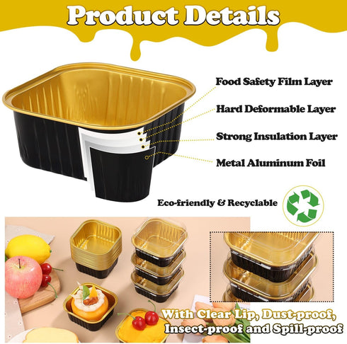 selizo 60 Pack 5oz Mini Disposable Cake Pans with Lids, Aluminum Foil Square Baking Cups, Black