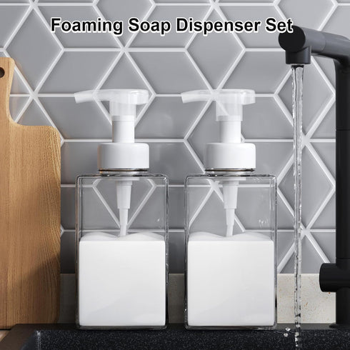 Foaming Soap Dispenser, 15 Oz Refillable Foam Soap Dispenser for Bathroom & Kitchen, 2Pcs with Waterproof Labels