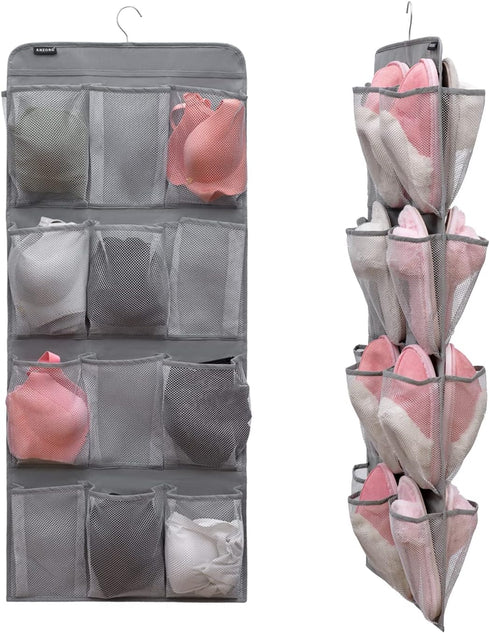 Dual Sided Hanging Shoe Organizer for Closet | Rotating Hanger with 24 Large Pockets (Grey-Mesh Pockets)