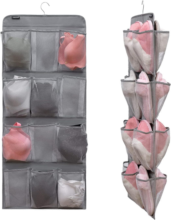 Dual Sided Hanging Shoe Organizer for Closet | Rotating Hanger with 24 Large Pockets (Grey-Mesh Pockets)