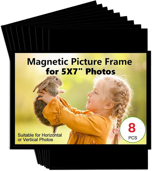 Black Magnetic Picture Frame 5X7 for Refrigerator, 8 Pack Black Photo Magnets Sleeves with Matte Film Cover