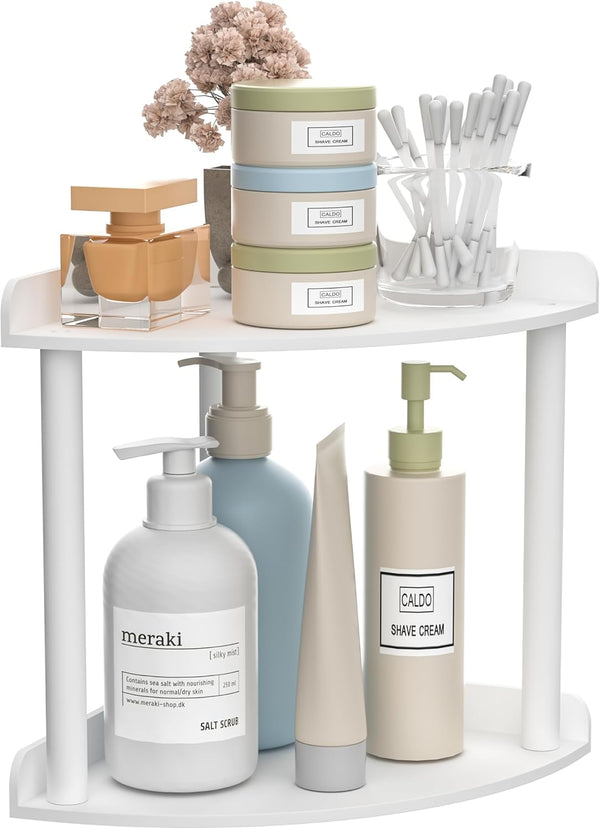 Sezanrpt 2 Tier Countertop Corner Organizer Shelf 7x7x8 Inch, White Acrylic Bathroom