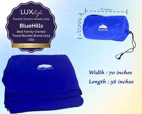 BlueHills Ultra Compact Travel Blanket Pillow in Portable Bag Case - Cozy Soft Large Blanket for Airplane Flight