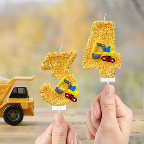 2 Construction Birthday Candles for Cake Decoration Yellow Glitter Number Candle Construction Cake Topper Construction