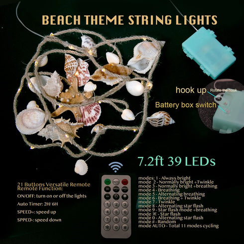 7.2FT 39LED MIYA LIFE Seashell Garland Ocean Light for Beach Decor Battery Operated Coastal Garland Magic Conch Shell