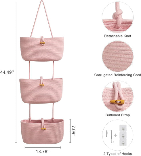 3-Tier TeoKJ Over the Door Hanging Baskets with Button Strap, Woven Cotton Storage Organizer Bag, Wall-Mounted