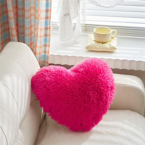MOOWOO Fluffy Faux Fur Heart Throw Pillow, Solid Color, Sherpa Plush, Hot Pink Love Pillow for Valentine's & Mother's