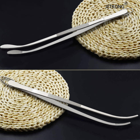 JETKONG 2 Pcs 12'' Curved Kitchen Tweezers: Stainless Steel Professional Chef Tongs for Cooking, BBQ (Silver)