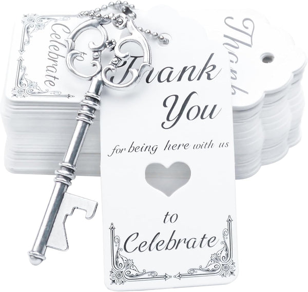 Aokbean 52pcs Vintage Skeleton Key Bottle Opener Gift Set with Thank You Tag Card and Keychain (Antique Silver)