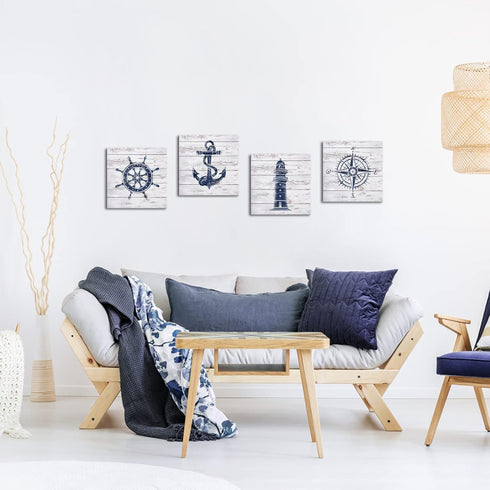 LoveHouse Nautical Canvas Wall Art Nautical Bathroom Decor Navy and White Lighthouse Decor Boat Anchor Compass Painting