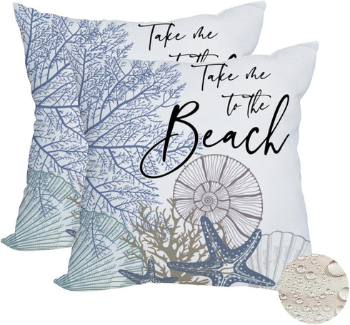 2 Pack Waterproof Take Me to The Beach Summer Pillow Covers 18x18 Inch, Blue Ocean Sea Shell Coral Conch Starfish Throw