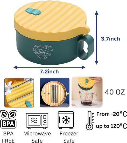 AI LOVE PEACE Microwave Ramen Soup Bowl, Instant Noodle Cooker with Lid, Microwave Safe, Perfect College Gifts