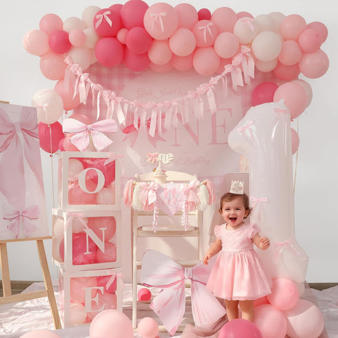 Pink Bow Birthday Decorations Girls Just Wanna Be One First Birthday Pink White Balloon Arch Backdrop High Chair Banner