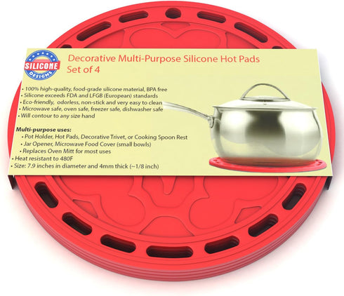 Silicone Hot Pads Set of 4 - 6 in 1 Multi-Purpose Kitchen Tool, Pot Holder, Microwave Cover, Jar Opener, Red, 8 Inches