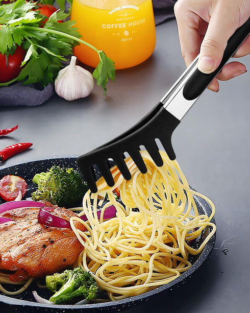 Spaghetti Spoon and Pasta Tong, Non-stick Silicone Spoon Server Fork with Stainless Steel Handle for Noodles