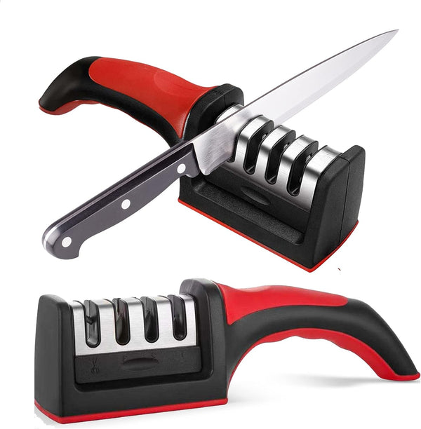 Knife Sharpeners for Kitchen Knives, 4 in 1 Stainless Steel Knife Sharpener, Ergonomic Easy to Use Kit