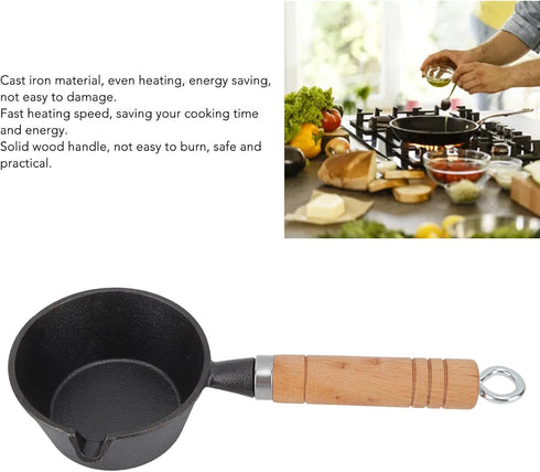 Mini Egg Frying Pan Cast Iron Omelette Skillet with Wooden Handle, Pre-Seasoned for Indoor Outdoor Cooking (13x5cm).