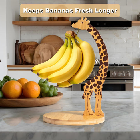 Countertop Giraffe Banana Holder Stand, Bamboo Banana Hanger with Stainless Steel Hook for or Under Cabinet Decorative