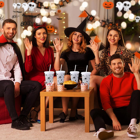 Funnymoom 24 24 Oz Pcs Halloween Cups with Lids and Straws Spiderweb Halloween Plastic Cups Bulk White Mugs for Kids