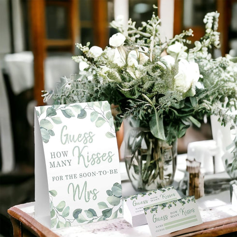 Your Main Event Prints Eucalyptus Bridal Shower Games - How Many Kisses For The Mrs, Includes 1 Stand (5x7) & 50