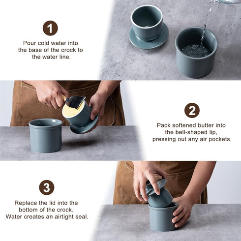 Dark Gray Butter Crock with Water Line, French Butter Dish with Lid for Fresh Spreadable Butter on Countertop