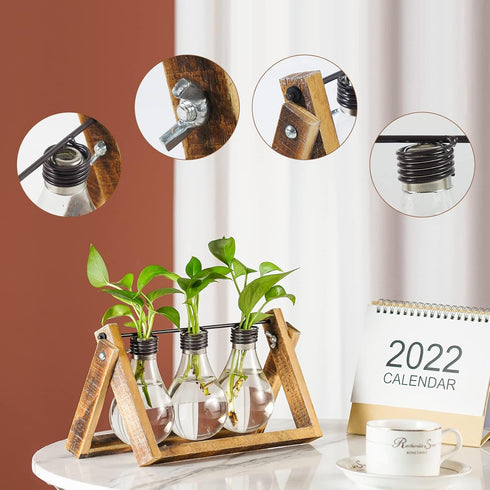 Bulb Marbrasse Plant Propagation Stations with Wooden Stand, Desktop Plant Terrarium Holder Vase, Glass Vase Container