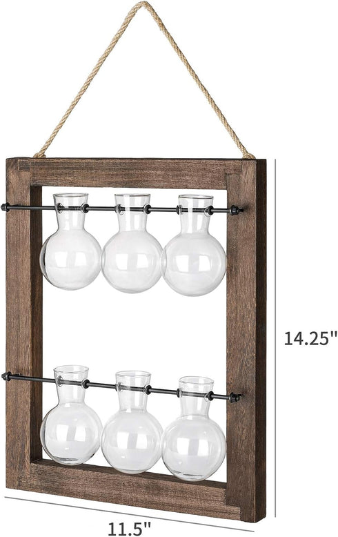 Bulb Mkono Propagation Station Wall Hanging Glass Planter, Flower Vase Plant Terrarium with Retro Wooden Stand Double