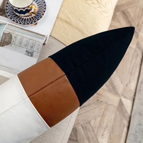 12x20 Set 2, Lumbar Pillow Covers of Reversible Black White Cotton & Brown Leather Patchwork Pillow Case for Sofa Bed