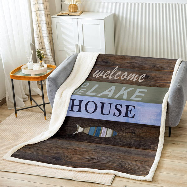 Lake House Throws Blanket - Colorful Stripes Fish Painting Sherpa Blanket for Girls Teens, Throw Size 50x60 Inch