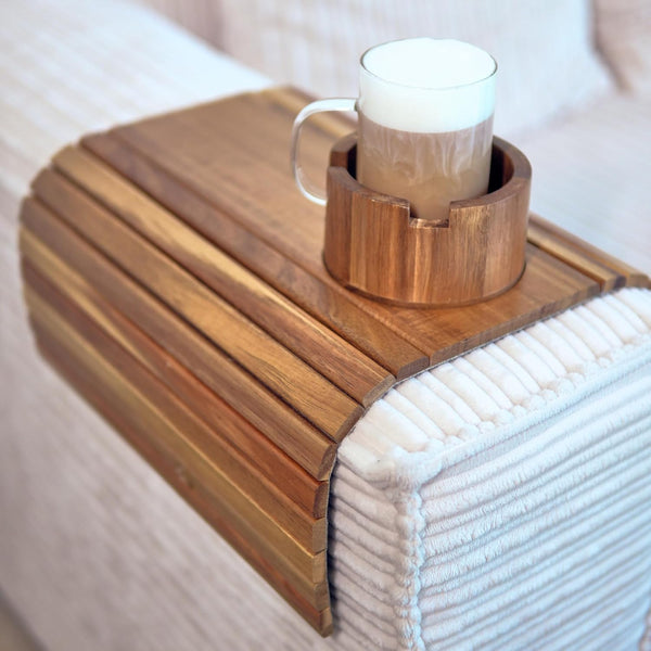 THE LAZY STORE Acacia Couch Arm Tray for Drinks and Snacks with Detachable Cup Holder,
