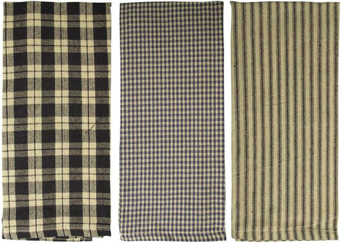 fillURbasket Black Farmhouse Kitchen Towels - Set of 3 Striped Buffalo Checked Plaid Dish Towels for Decor
