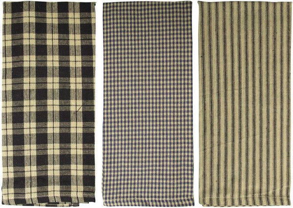 fillURbasket Black Farmhouse Kitchen Towels - Set of 3 Striped Buffalo Checked Plaid Dish Towels for Decor