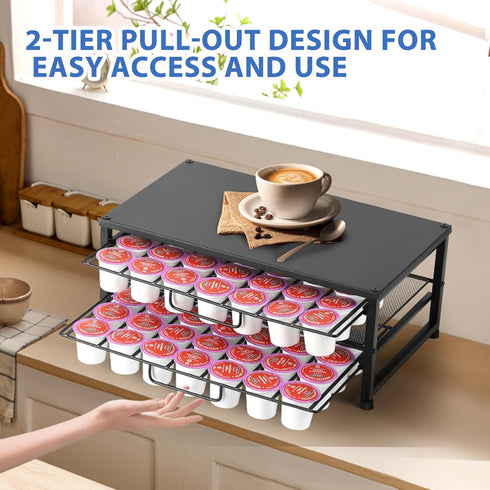 K Cup Holder Organizer for 70 Pods, 2-Tier Coffee Pod Holder for Keurig K-Cup with 2 Sliding Storage Drawers, Frosted