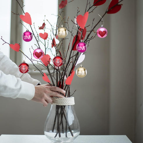 12 Pieces Valentine's Day Hanging Ball Ornaments, Heart Glitter Balls for Party and Wedding Decorations