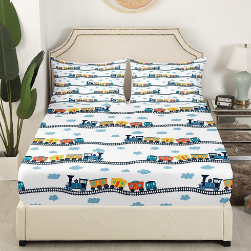 Sets Set 4pcs Erosebridal Cute Steam Engine Queen Sheets for Kids Toddlers Kawaii Train Sheet & Pillowcase Construction