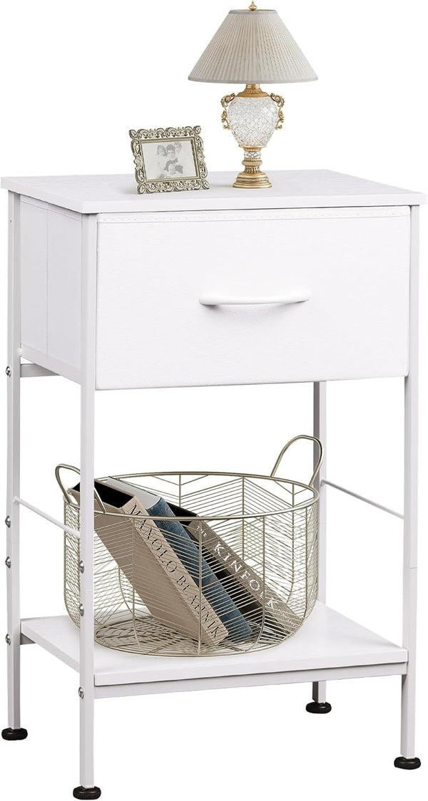 WLIVE White Nightstand, Night Stand with Fabric Storage Drawer and Open Wood