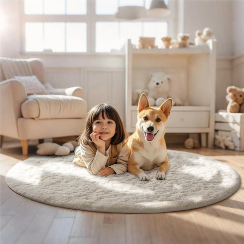 5Ft 5 Ophanie Round Rugs Ivory Circle Area Rug, Nursery Room Decor, Christmas Aesthetic Bedroom Home Circular Carpet