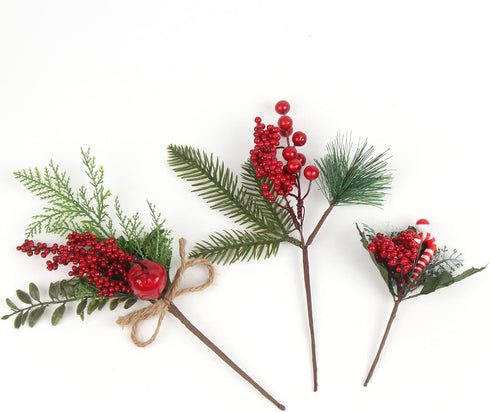 16 Pack CCINEE Artificial Christmas Red Berry Picks Assorted Pine Berries Branches Fake Holly Stems for Xmas Tree