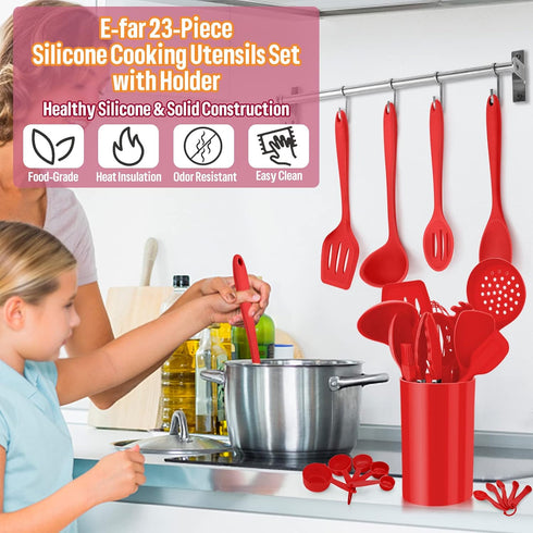 E-far 23 Pcs Silicone Kitchen Utensils Set in Red, Cooking Tools with Holder for Nonstick Cookware, Heat Resistant