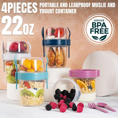 4-Pack 22 oz (22 oz 4 Pack) Portable Breakfast Cups with Lids & Spoons Reusable Cereal and Yogurt Containers