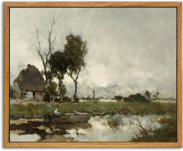 KBKBART Vintage Wall Art Framed, Rustic Antique Landscape Canvas Oil Painting for Bathroom, Bedroom, Living Room Decor