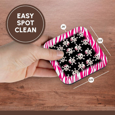 Cute Black Skulls with Bows on Pink Zebra-Soft Coasters, 3dRose cst_61793_2, Set of 8