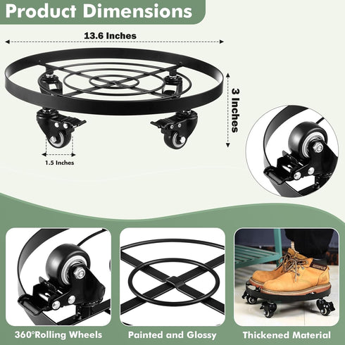 1 Packs 13.6 Inch Planterhoma Large Metal Plant Caddy Plant Dolly with Wheels Heavy-duty Iron Rolling Plant Stand