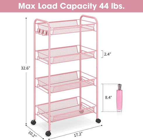 4 3 TOOLF Tier Rolling Utility Cart - Durable Metal Design Pink Utility Cart, Storage Trolley on Wheels with Hooks