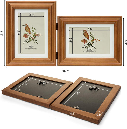 5x7 2 4x6 5x7 Double Hinged Picture Frame, Folding Photo Frame, Walnut-colored Pine Wood with Real Glass, Display