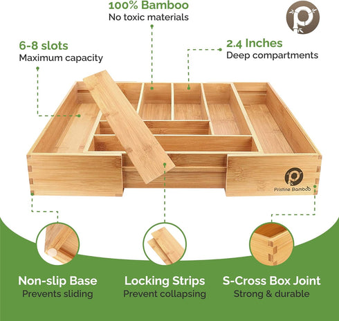 Silverware Tray for Drawer Organizer, Kitchen Cutlery Organizer with Expandable Adjustable Wooden Dividers (8-Slots)