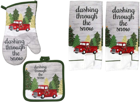 Vintage Truck/Christmas 5 Piece Bundle Package, Oven Mitt, Kitchen Towels, Pot Holders