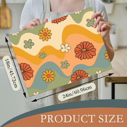 Retro 70s Groovy Waves Dish Drying Rack Mats Decor,Daisy Floral Dish Pad Drying Mat Kitchen Counter 18x24 Inch Absorbent Reversible Microfiber for Coffee Bar Sink Countertop